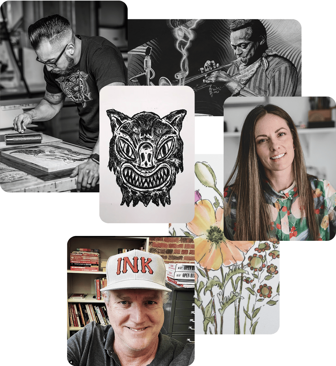 Collage showing artists and their artwork that feature Speedball products.