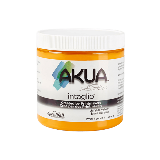 Jar of intaglio printmaking ink that's Diarylide Yellow with a white label and cap.