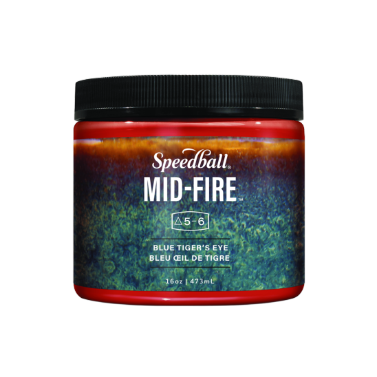 Jar of red glaze with a label that has an image of the glaze fired which is blue and green mottling fading to amber at the top.