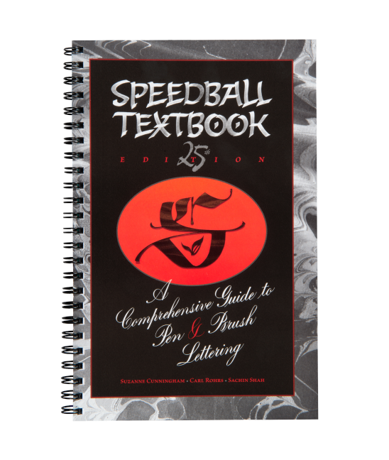 A spiral bound book with calligraphy elements and a gray, black and red design.